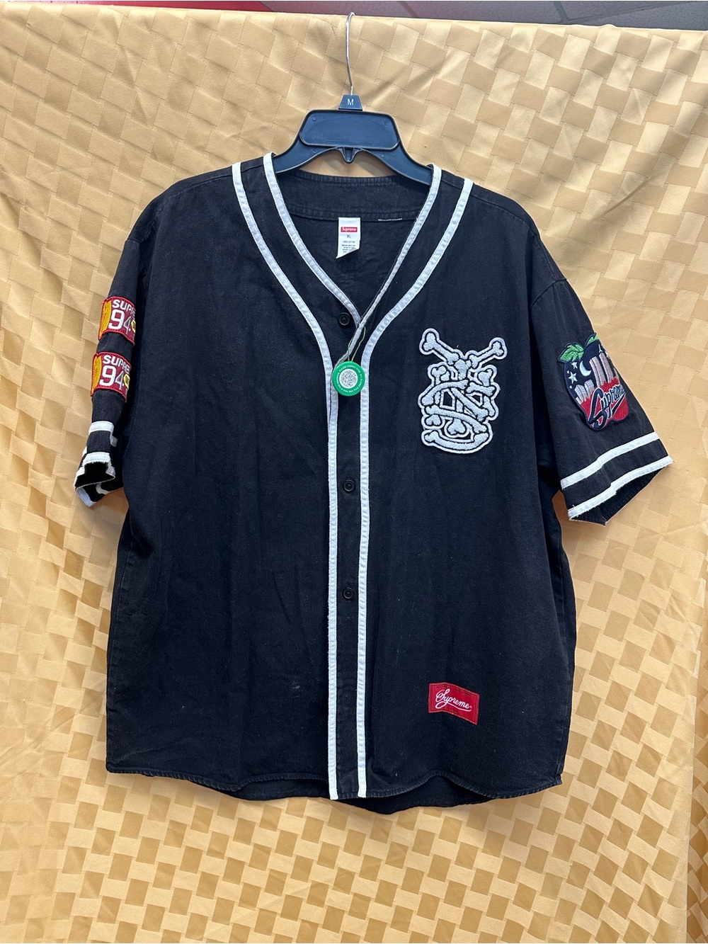 Supreme Black Baseball Jersey with White Trim and Patchwork